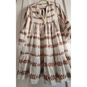 Elan Cream and Rust Embroidered Long Sleeve Boho Dress
